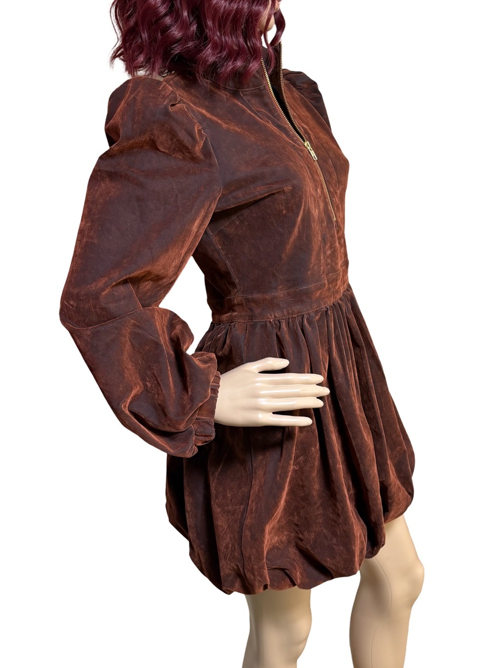 AKIRA NWT Sz S Brown Velvet Denim Long Sleeve Flare Bubbly Mini Dress (0779) - Picture 8 of 16